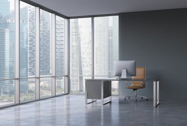 A workplace in a modern corner panoramic office with Singapore view. A black desk with a modern computer and brown leather chair. A concept of consulting services. 3D rendering.