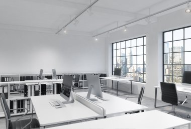 Parlak modern loft işyerlerinde alan ofis açmak. Tablolar modern bilgisayarlarla donatılmıştır; kitap rafları. New York panoramik manzarası. Danışmanlık Hizmetleri bir kaliteli bir kavram. 3D render.
