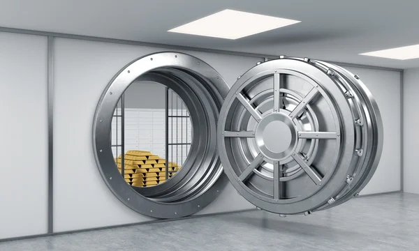 3D rendering of a big open round metal safe in a bank depository — Stock Fotó