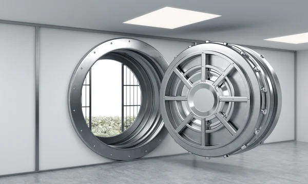 3D rendering of a big open round metal safe in a bank depository — 图库照片