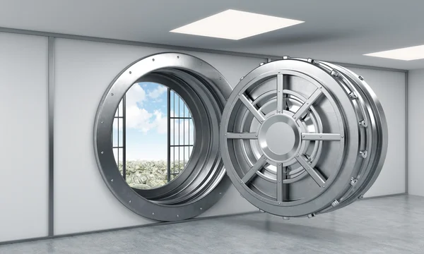 3D rendering of a big open round steel safe in a bank depository — 스톡 사진