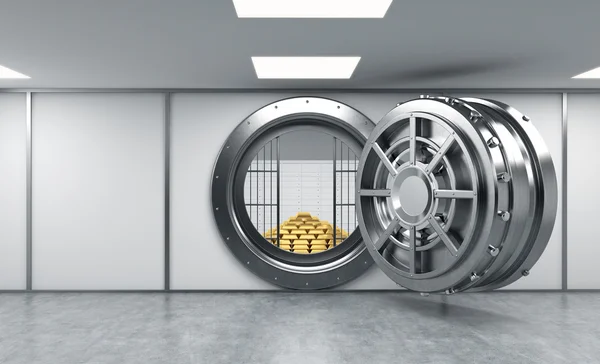 3D rendering of a big open round metal safe in a bank depository — Φωτογραφία Αρχείου