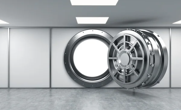 3D rendering of a big open round metal safe in a bank depository — ストック写真