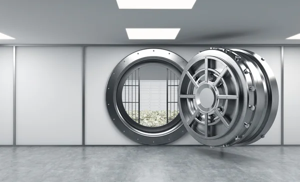 3D rendering of a big open round metal safe in a bank depository — ストック写真
