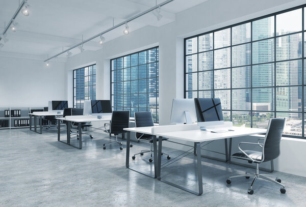 Workplaces in a bright modern loft open space office. Tables are equipped with modern computers; book shelves. Singapore panoramic view. A concept of a high quality consulting services. 3D rendering.
