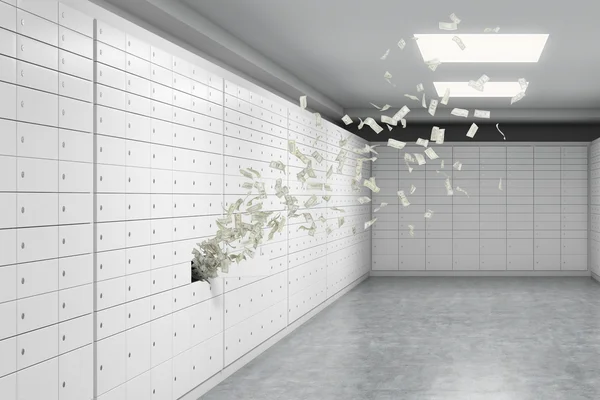 A room with safe deposit boxes and dollar notes are flying out from one box. A concept of storing of important documents or valuables in a safe and secure environment. 3D rendering. — ストック写真