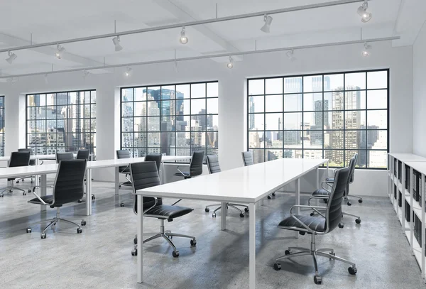 Workplaces in a bright modern loft open space office. Empty tables and docents' book shelves. New York panoramic view. A concept of a high quality consulting services. 3D rendering. — Stock Photo, Image