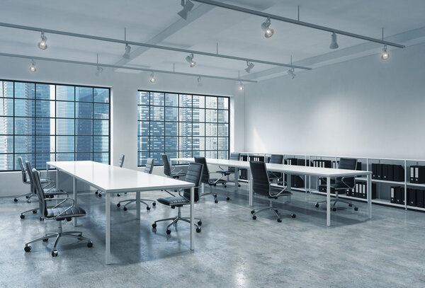 Workplaces in a bright modern loft open space office. Empty tables and docents' book shelves. Singapore panoramic view. A concept of a high quality consulting services. 3D rendering.