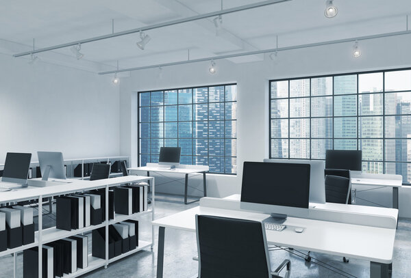 Workplaces in a bright modern loft open space office. Tables are equipped with modern computers; book shelves. Singapore panoramic view. A concept of a high quality consulting services. 3D rendering.