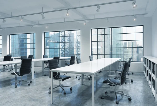 Workplaces in a bright modern loft open space office. Empty tables and docents' book shelves. Singapore panoramic view. A concept of a high quality consulting services. 3D rendering. — Stock Photo, Image