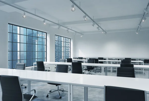 Workplaces in a bright modern loft open space office. Empty tables and docents' book shelves. Singapore panoramic view. A concept of a high quality consulting services. 3D rendering. — Stock Photo, Image