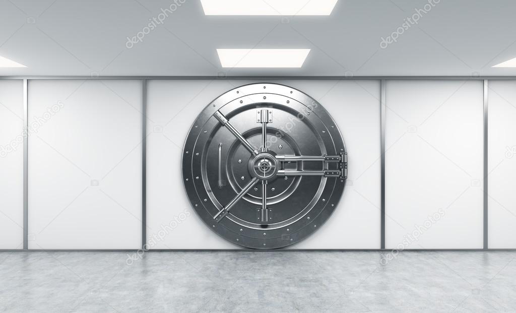 3D rendering of a big locked round metal safe in a bank deposito