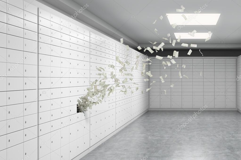 A room with safe deposit boxes and dollar notes are flying out from one box. A concept of storing of important documents or valuables in a safe and secure environment. 3D rendering.