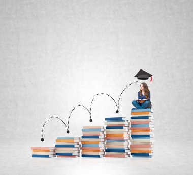 young woman sitting books thinking about future, dreaming