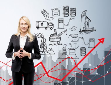 woman in front of oil production icons, oil negative effect