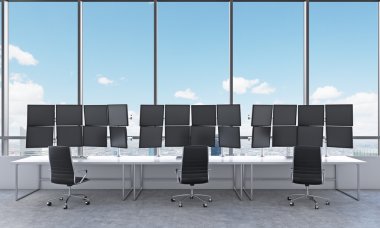 office with 24 black monitors, processing data, trading, new yor