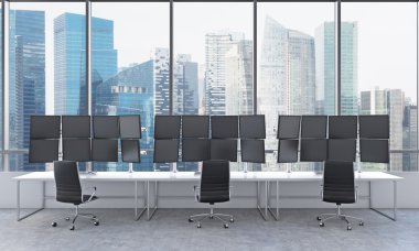 office with 24  black monitors, processing data, trading, singap