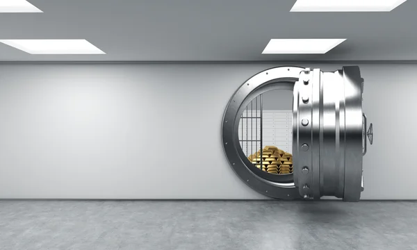 Open round metal safe with gold bars inside, bank depository — Stockfoto