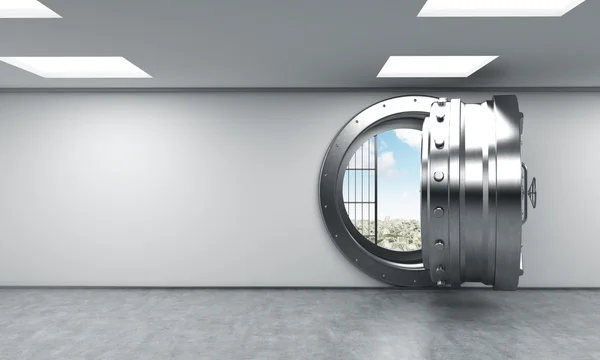 Open round metal safe in bank depository with sky inside — Stockfoto