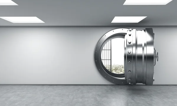 Open metal safe in bank depository with money on the floor behin — Stockfoto