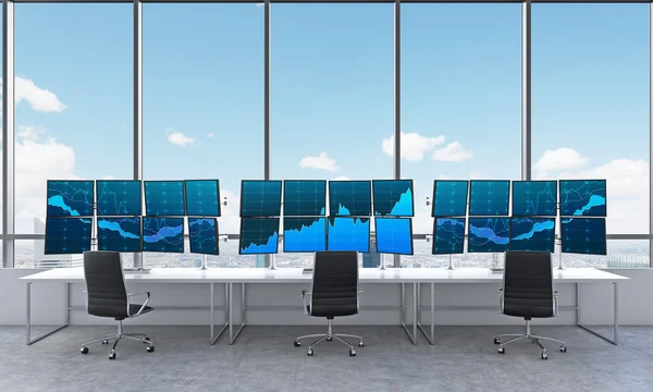 Office with 24 working monitors, processing data, trading, new y — 图库照片