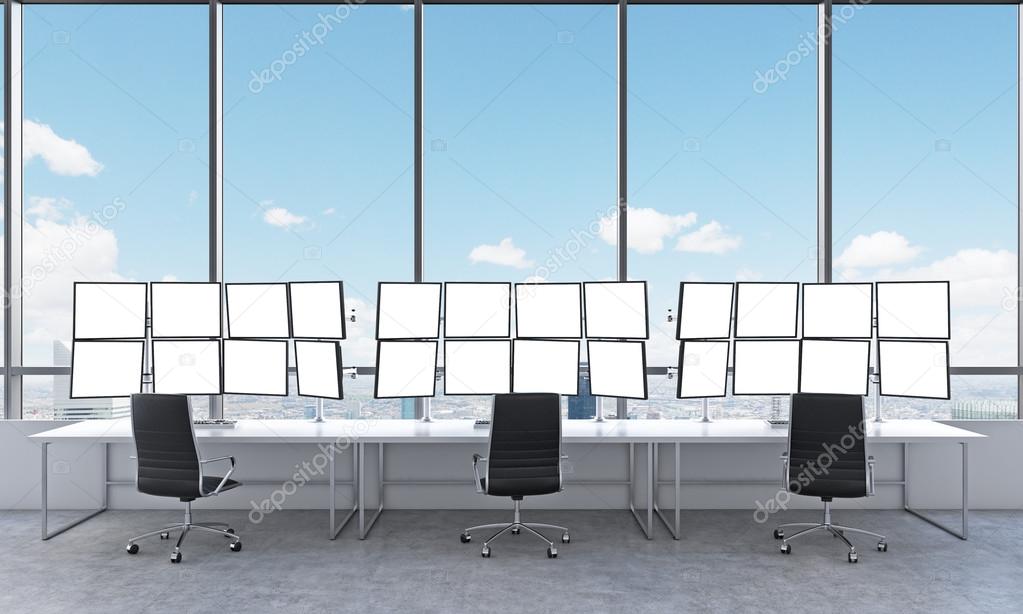 office with 24 white monitors, processing data, trading, new yor