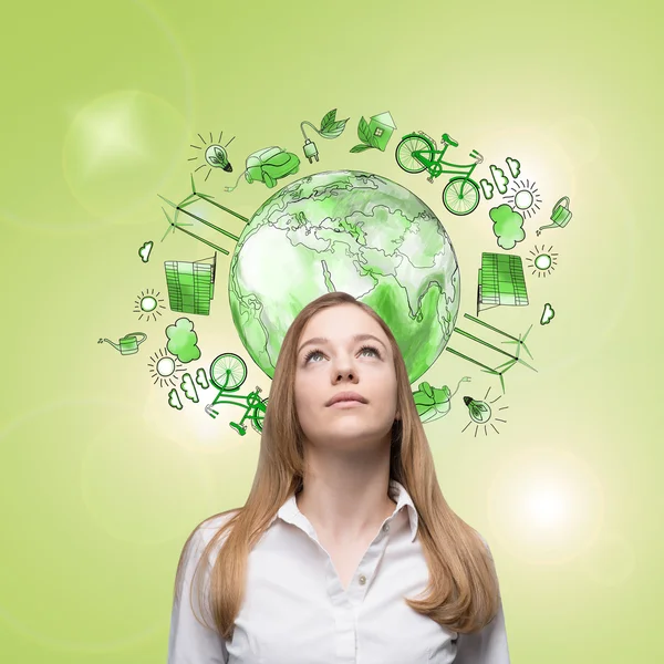 Woman dreaming about clean environment, eco energy, protection — Stock Photo, Image