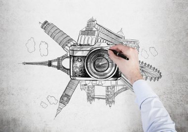 famous world landmarks, photo, drawing