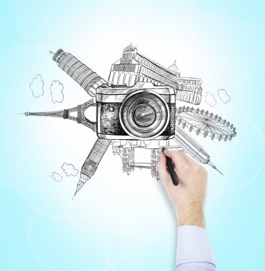 famous world landmarks, photo, drawing