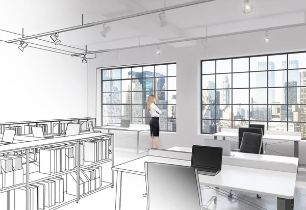 Workplaces in modern loft open space office — Stock Photo, Image