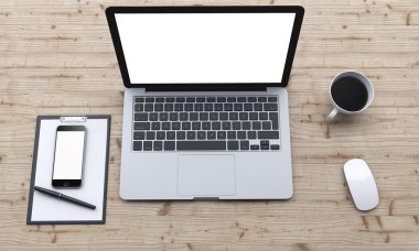 workplace with laptop, smartphone, coffee, notepad