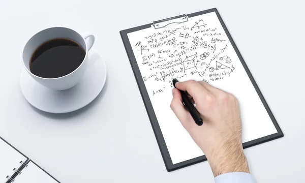 Workplace, note pad and coffee — Stock Photo, Image