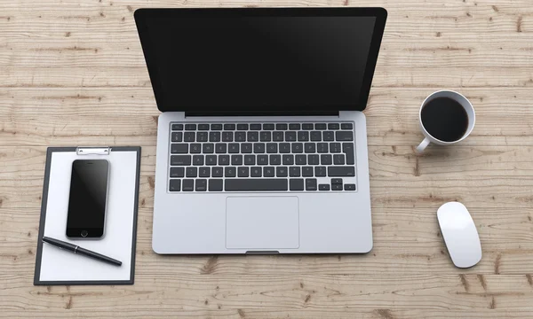 Arbeitsplatz mit Laptop, Smartphone, Kaffee, Notizblock — Stockfoto