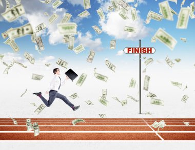 A young businessman running forward with a black folder in hand approaching the finish line, dollars falling from above. Blue sky at the background. Concept of competition.