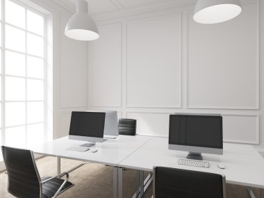 Four workplaces arranged in pairs symmetrically with computers only on them. Four leather chairs around the table. Window to the left. Side view. Concept of information gathering.