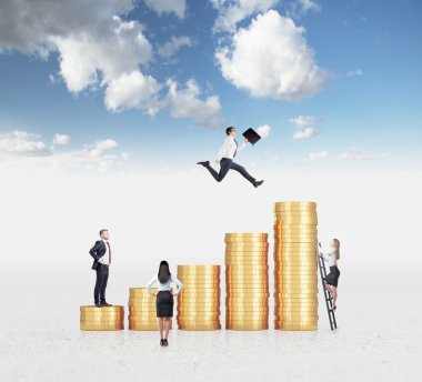 Businessman with a folder flying over a bar chart made of coins, another man standing on the lowest bar, woman climbing a ladder, another woman looking at them.