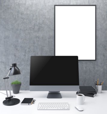 Workplace: a computer with keyboard, lamp