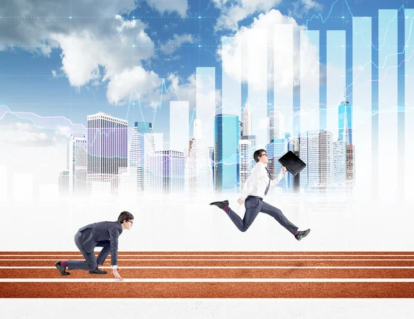 Two young businessmen competing on the track. One in crouch start, the other running forward with a black folder. New York, blue sky and graphs at the background. Concept of competition. — Stockfoto