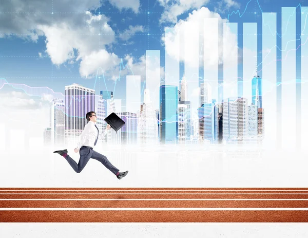 A young businessman running forward with a black folderin hand. New York, blue sky and graphs at the background. Concept of competition. — Stock Fotó