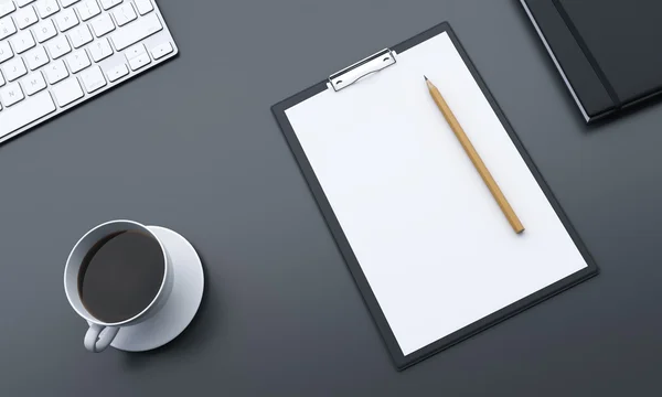Fragment of a workplace with blank notepad, pencil on it and a cup of black coffee to the left, datebook to the right, making notes. Concept of work — Stockfoto