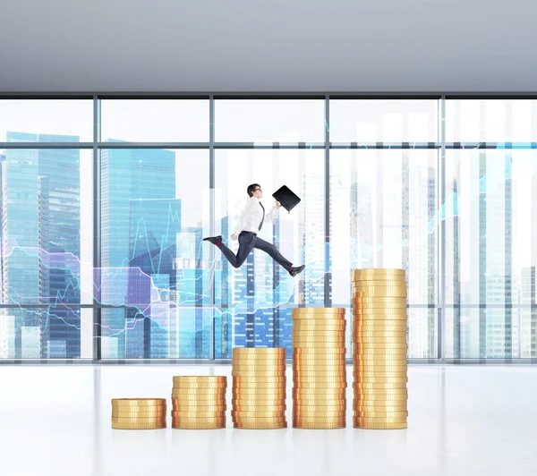 Businessman with folder flying over a bar chart made of coins. Singapore view and graphs at the background. — 스톡 사진