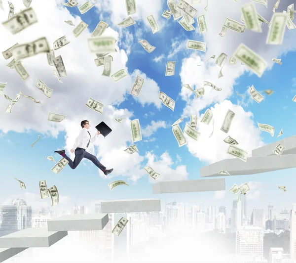 Successful young businessman with a folder in hand running upstairs, Paris and blue sky at the backgroundl — 스톡 사진