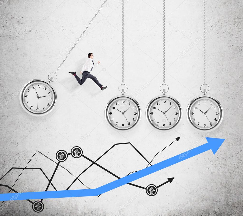 Young businessman jumping from one hovering pocket watch to another, a thick blue graph and several thin black graphs below. Concept of coping with the task.