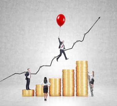 Businessman flying on red baloon over bar chart made of coins, another man standing on the lowest bar, woman climbing a ladder, another woman looking at them.