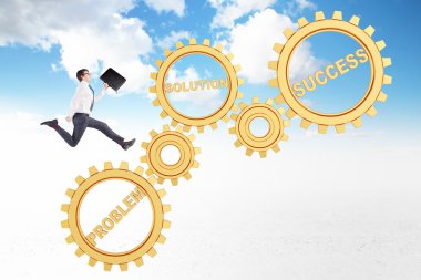 Young businessman with a folder in hand running up six golden gears.