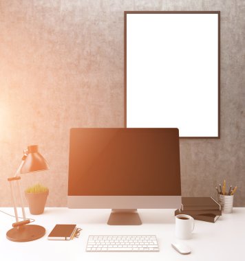 Workplace with a computer, lamp and pot with plant to the left, cup of coffee and a mouse to the right, blank white board on the wall. Concrete background. Front view, filter. Concept of work.