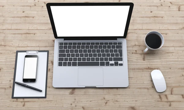 workplace with laptop, smartphone, coffee, notepad