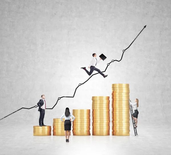 Businessman with folder flying over a bar chart made of coins, another man standing on the lowest bar, woman climbing a ladder, another woman looking at them.