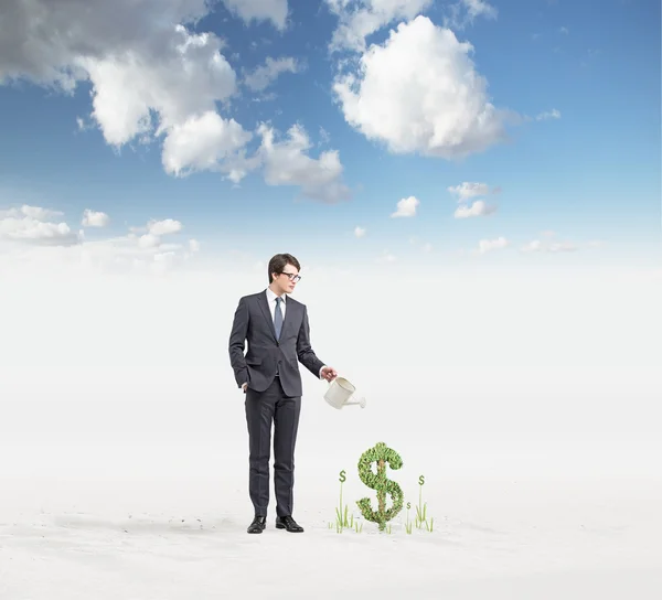 Young businessman with one hand in pocket holding a watering can pouring water on plants in dollar shape so that it grows, blue sky at the background. — 图库照片