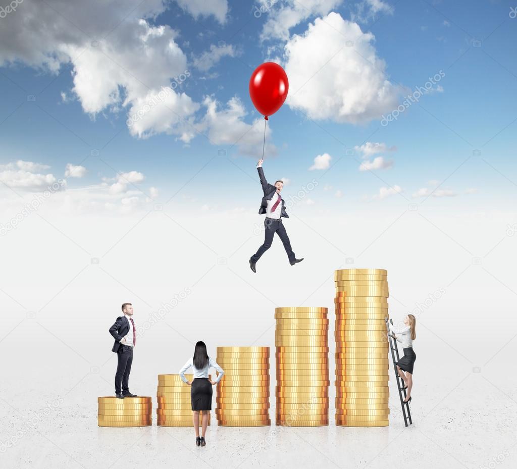 Businessman flying on a red baloon over a bar chart made of coins, another man standing on the lowest bar, woman climbing a ladder, another woman looking at them.